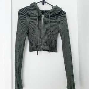 Women's Ribbed Knit Green Hoodie Sweater
